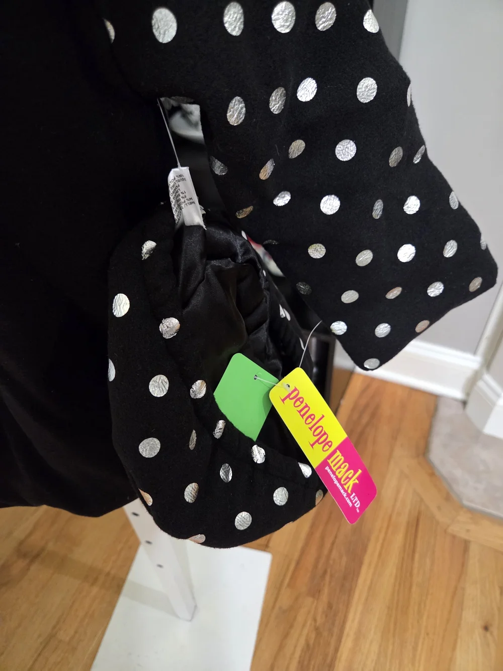 Penelope Mack Black Coat with White Polka Dots and Pink Bow Matching Hat